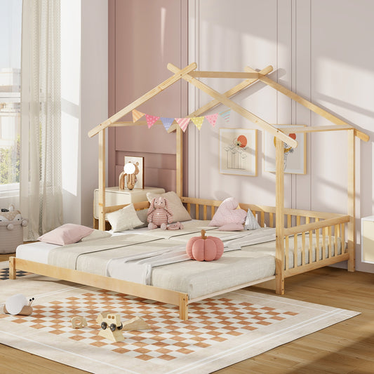 Convertible House-Shaped Twin to King Daybed with Roof and Safety Rails – Natural
