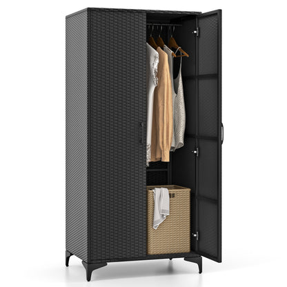 62 Inch PE Rattan Wicker Wardrobe with 2 Doors, Hanging Rod, and Storage Cubes – Black