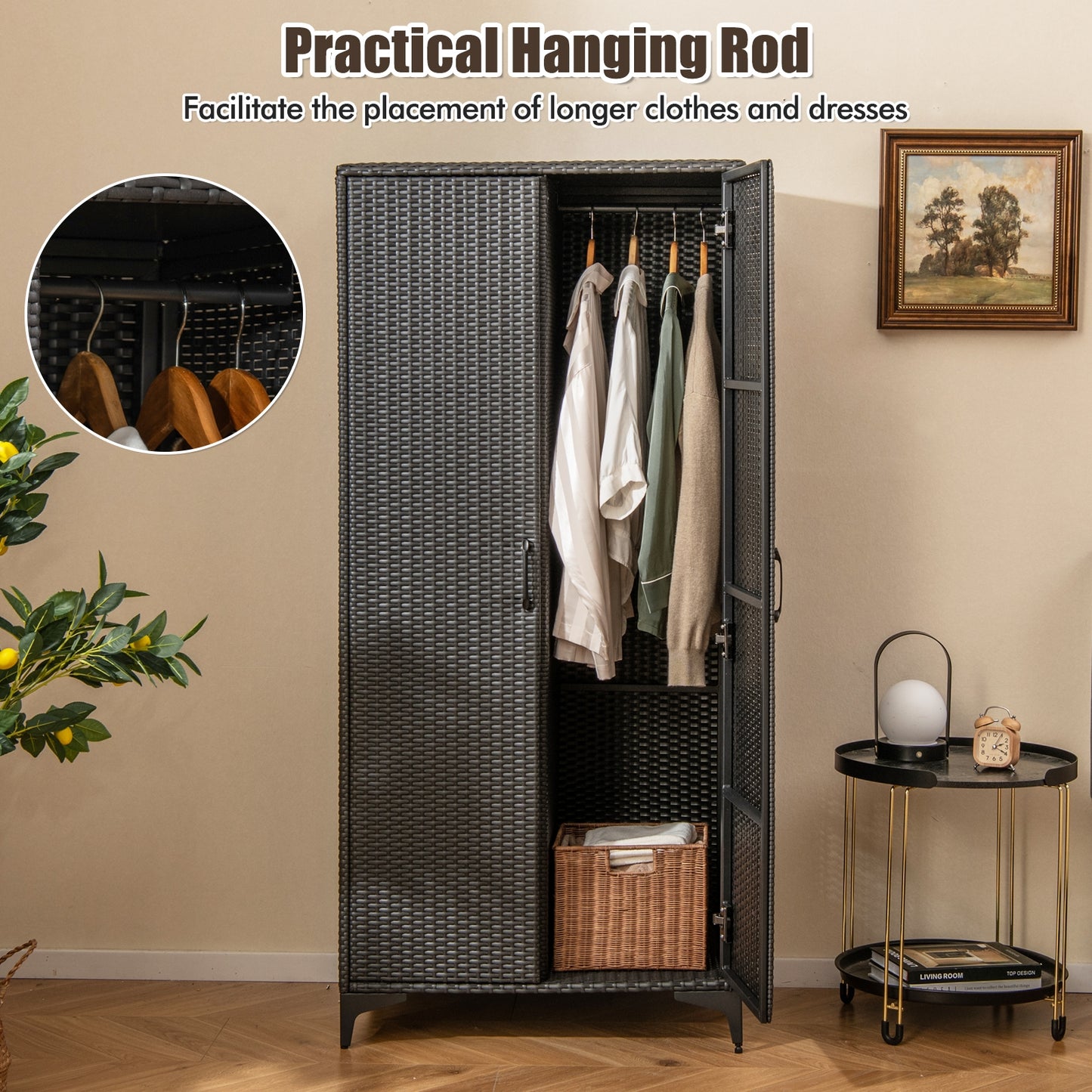 62 Inch PE Rattan Wicker Wardrobe with 2 Doors, Hanging Rod, and Storage Cubes – Black
