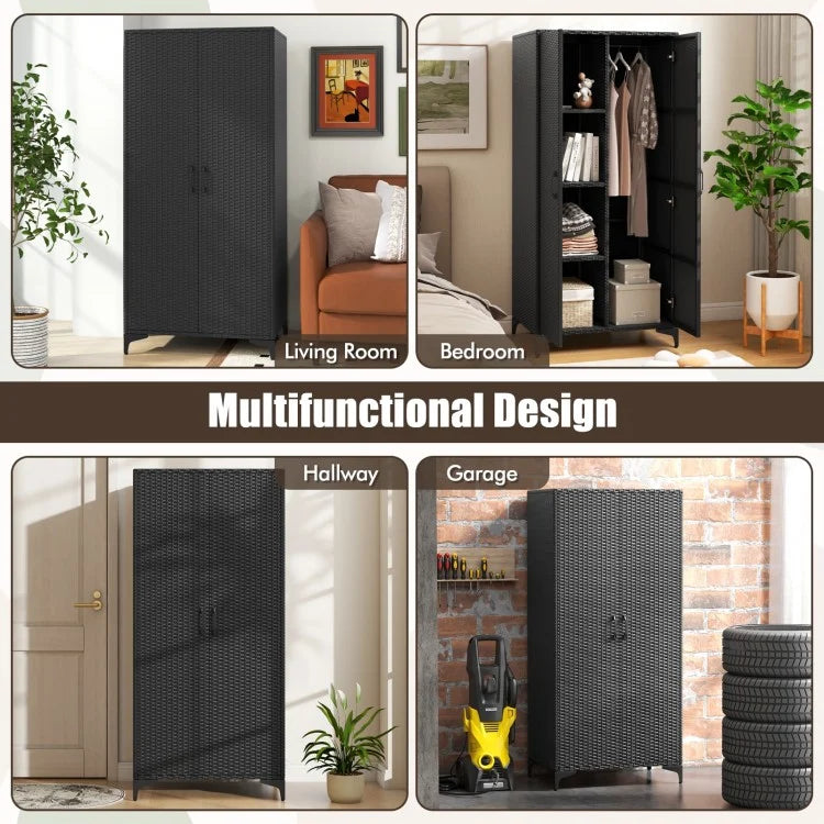 62 Inch PE Rattan Wicker Wardrobe with 2 Doors, Hanging Rod, and Storage Cubes – Black