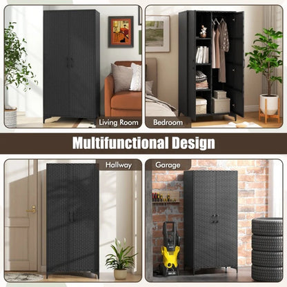 62 Inch PE Rattan Wicker Wardrobe with 2 Doors, Hanging Rod, and Storage Cubes – Black