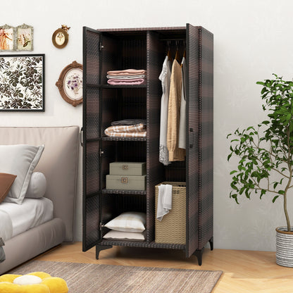 62 Inch PE Rattan Wicker Wardrobe with 2 Doors, Hanging Rod, and Storage Cubes – Brown