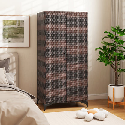 62 Inch PE Rattan Wicker Wardrobe with 2 Doors, Hanging Rod, and Storage Cubes – Brown