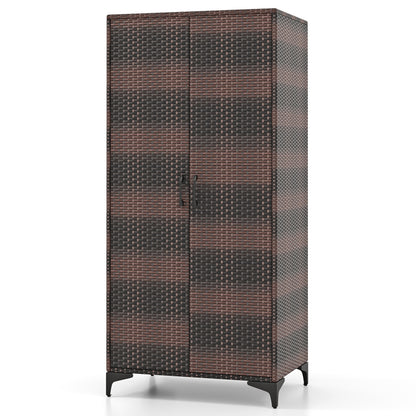 62 Inch PE Rattan Wicker Wardrobe with 2 Doors, Hanging Rod, and Storage Cubes – Brown