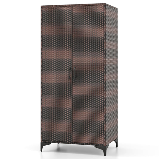 62 Inch PE Rattan Wicker Wardrobe with 2 Doors, Hanging Rod, and Storage Cubes – Brown