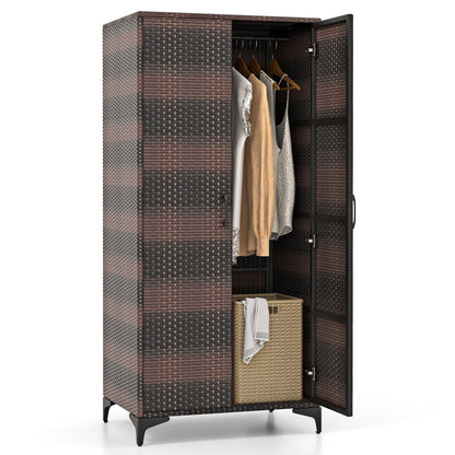 62 Inch PE Rattan Wicker Wardrobe with 2 Doors, Hanging Rod, and Storage Cubes – Brown
