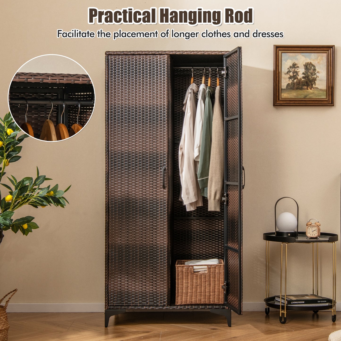 62 Inch PE Rattan Wicker Wardrobe with 2 Doors, Hanging Rod, and Storage Cubes – Brown