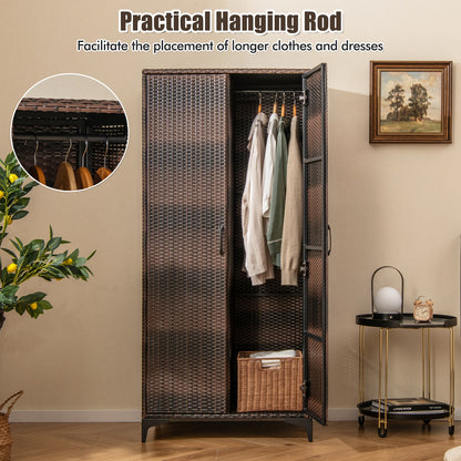 62 Inch PE Rattan Wicker Wardrobe with 2 Doors, Hanging Rod, and Storage Cubes – Brown