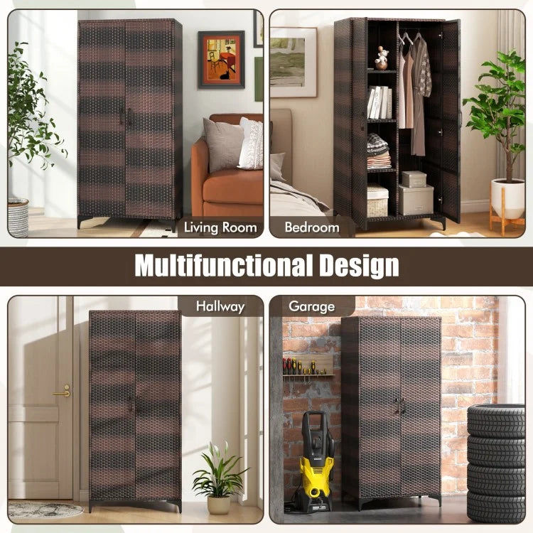 62 Inch PE Rattan Wicker Wardrobe with 2 Doors, Hanging Rod, and Storage Cubes – Brown