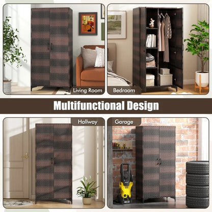 62 Inch PE Rattan Wicker Wardrobe with 2 Doors, Hanging Rod, and Storage Cubes – Brown