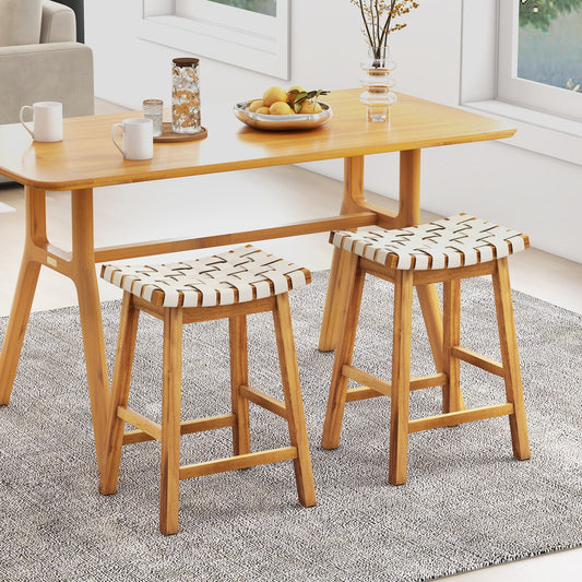 Pair of Faux PU Leather Bar Stools with Woven Curved Seat – 25.5 Inches