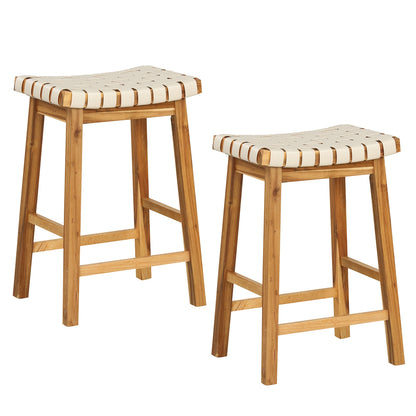 Pair of Faux PU Leather Bar Stools with Woven Curved Seat – 25.5 Inches