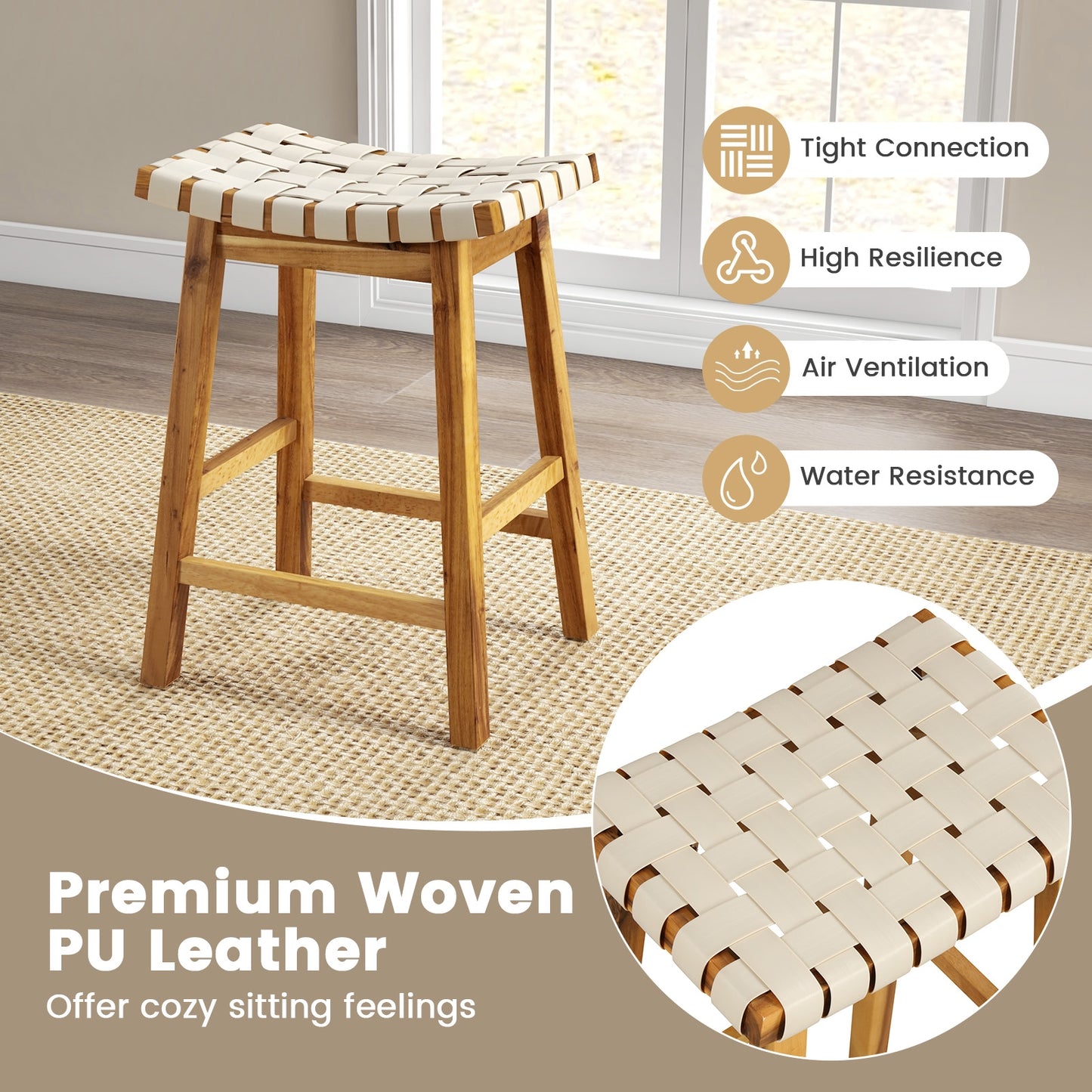 Pair of Faux PU Leather Bar Stools with Woven Curved Seat – 25.5 Inches