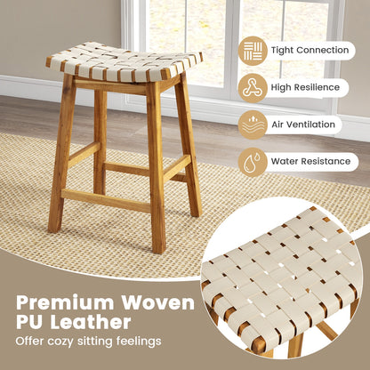 Pair of Faux PU Leather Bar Stools with Woven Curved Seat – 25.5 Inches