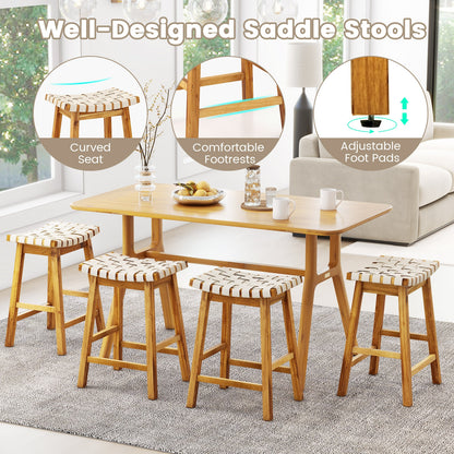 Pair of Faux PU Leather Bar Stools with Woven Curved Seat – 25.5 Inches