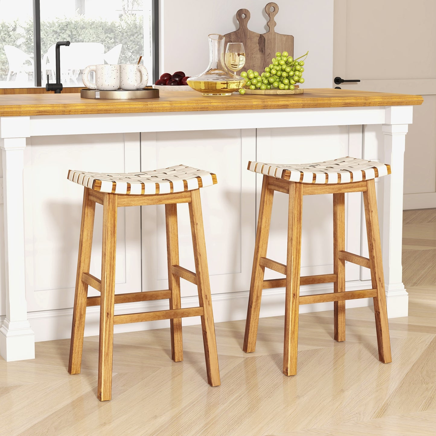 Pair of Faux PU Leather Bar Stools with Woven Curved Seat – 31 Inches