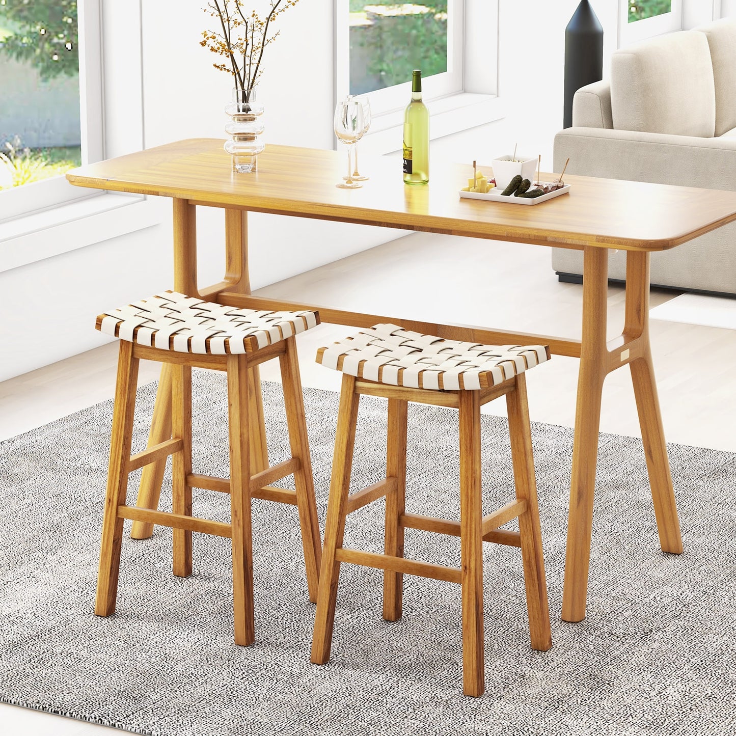 Pair of Faux PU Leather Bar Stools with Woven Curved Seat – 31 Inches