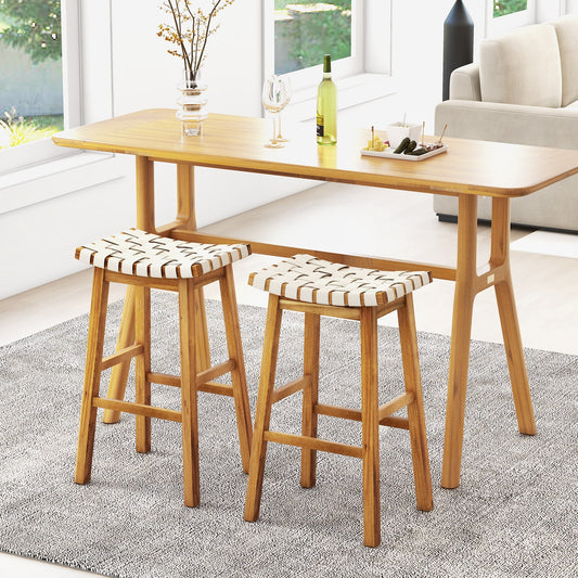 Pair of Faux PU Leather Bar Stools with Woven Curved Seat – 31 Inches