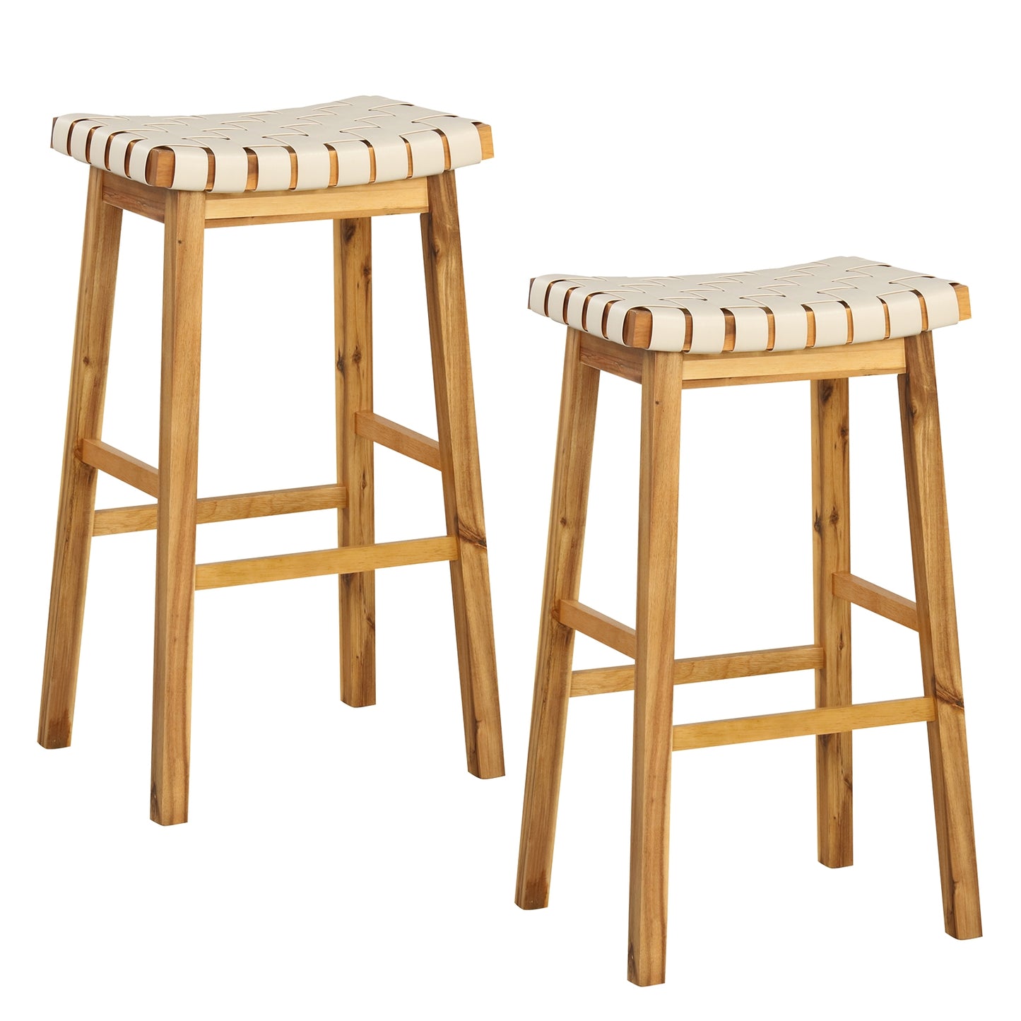 Pair of Faux PU Leather Bar Stools with Woven Curved Seat – 31 Inches