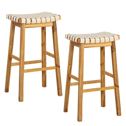 Pair of Faux PU Leather Bar Stools with Woven Curved Seat – 31 Inches