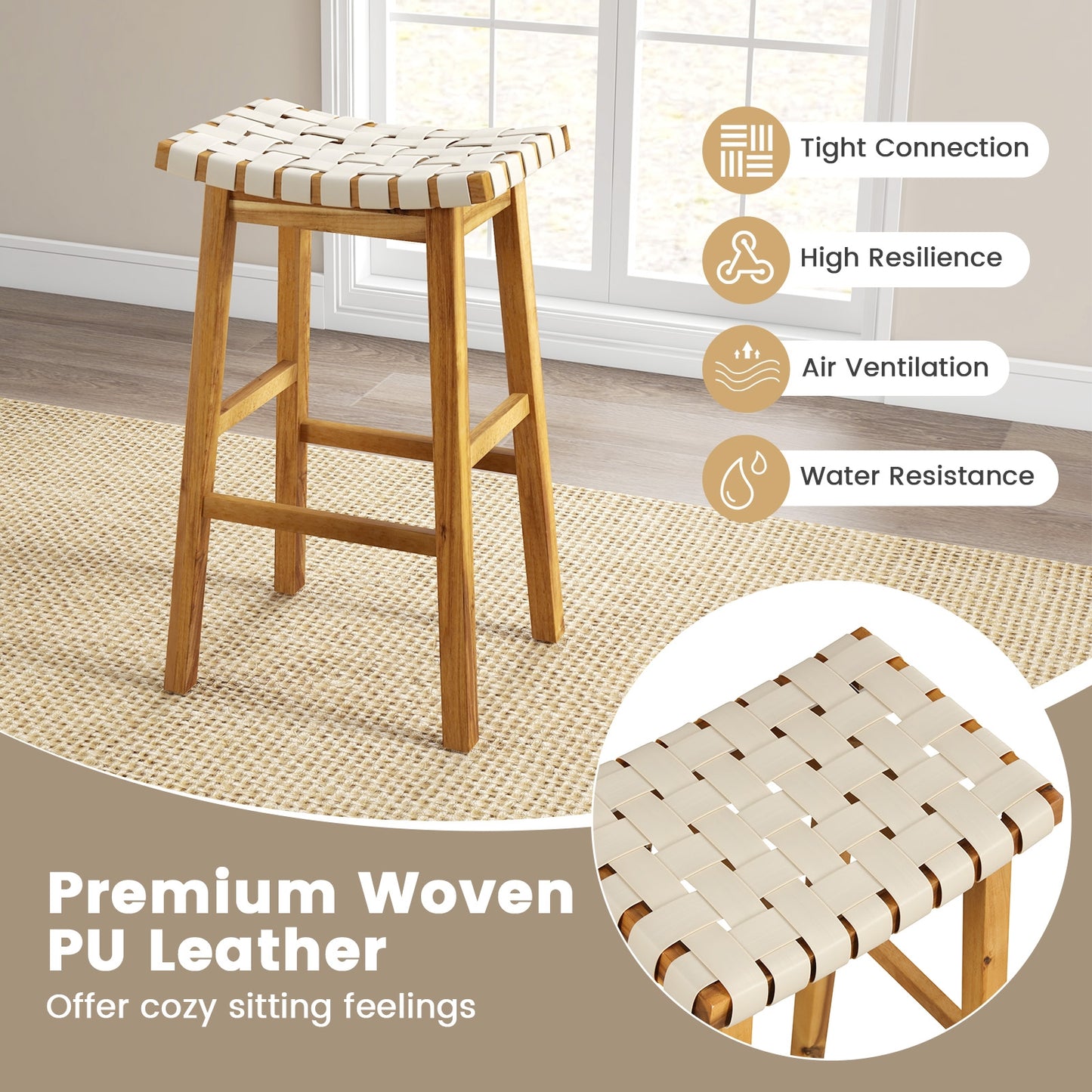 Pair of Faux PU Leather Bar Stools with Woven Curved Seat – 31 Inches
