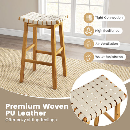 Pair of Faux PU Leather Bar Stools with Woven Curved Seat – 31 Inches