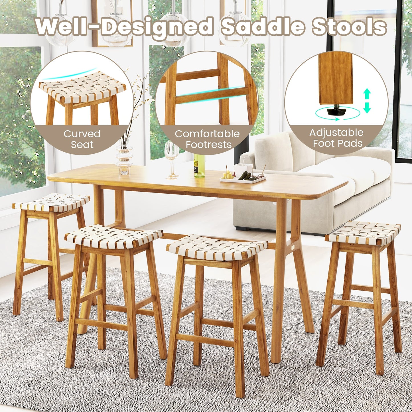 Pair of Faux PU Leather Bar Stools with Woven Curved Seat – 31 Inches