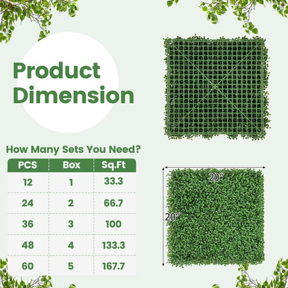 12 Pack 20x20 Inch Artificial Boxwood Panels with Removable Branches – Realistic Greenery for Indoor & Outdoor