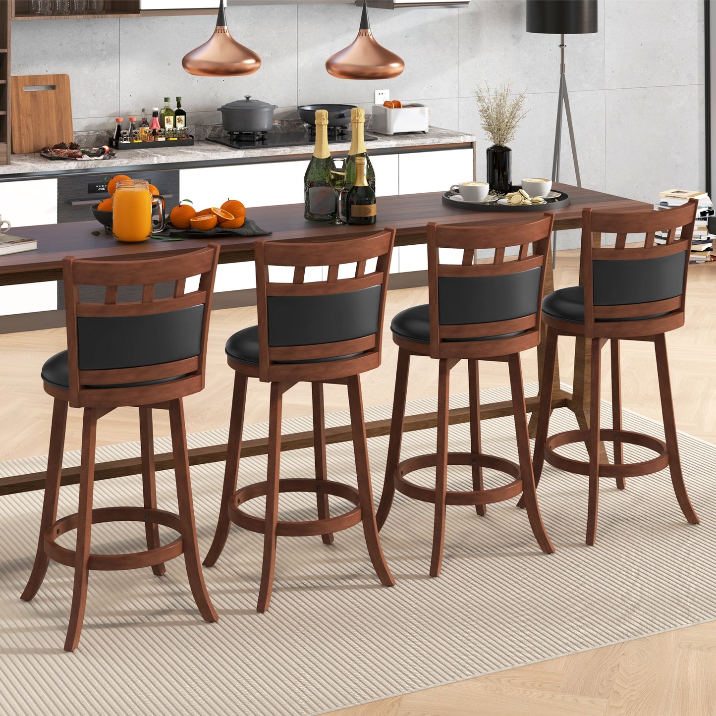 Pair of Wood Swivel Bar Stools with Faux Leather Upholstered Seat and Backrest