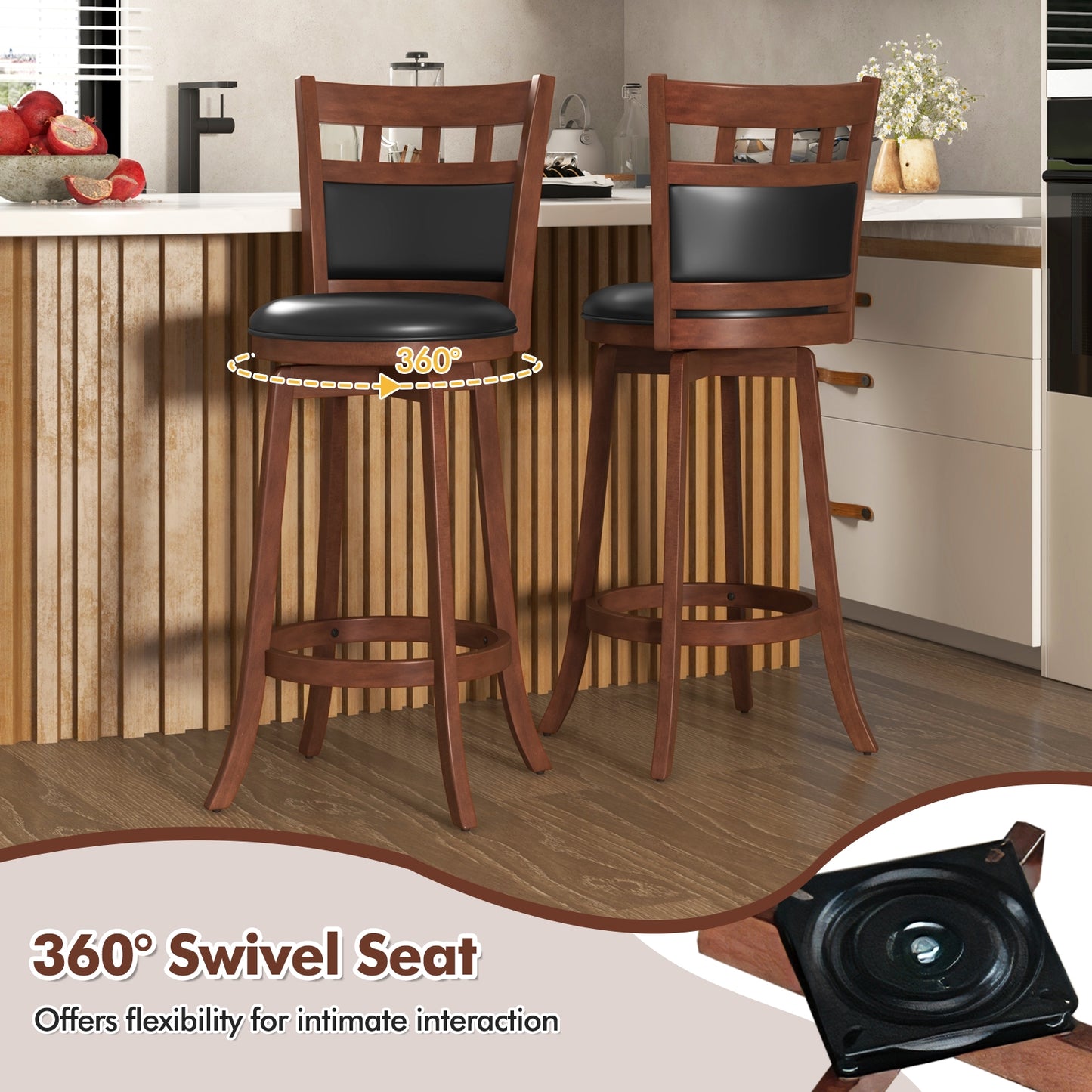 Pair of Wood Swivel Bar Stools with Faux Leather Upholstered Seat and Backrest