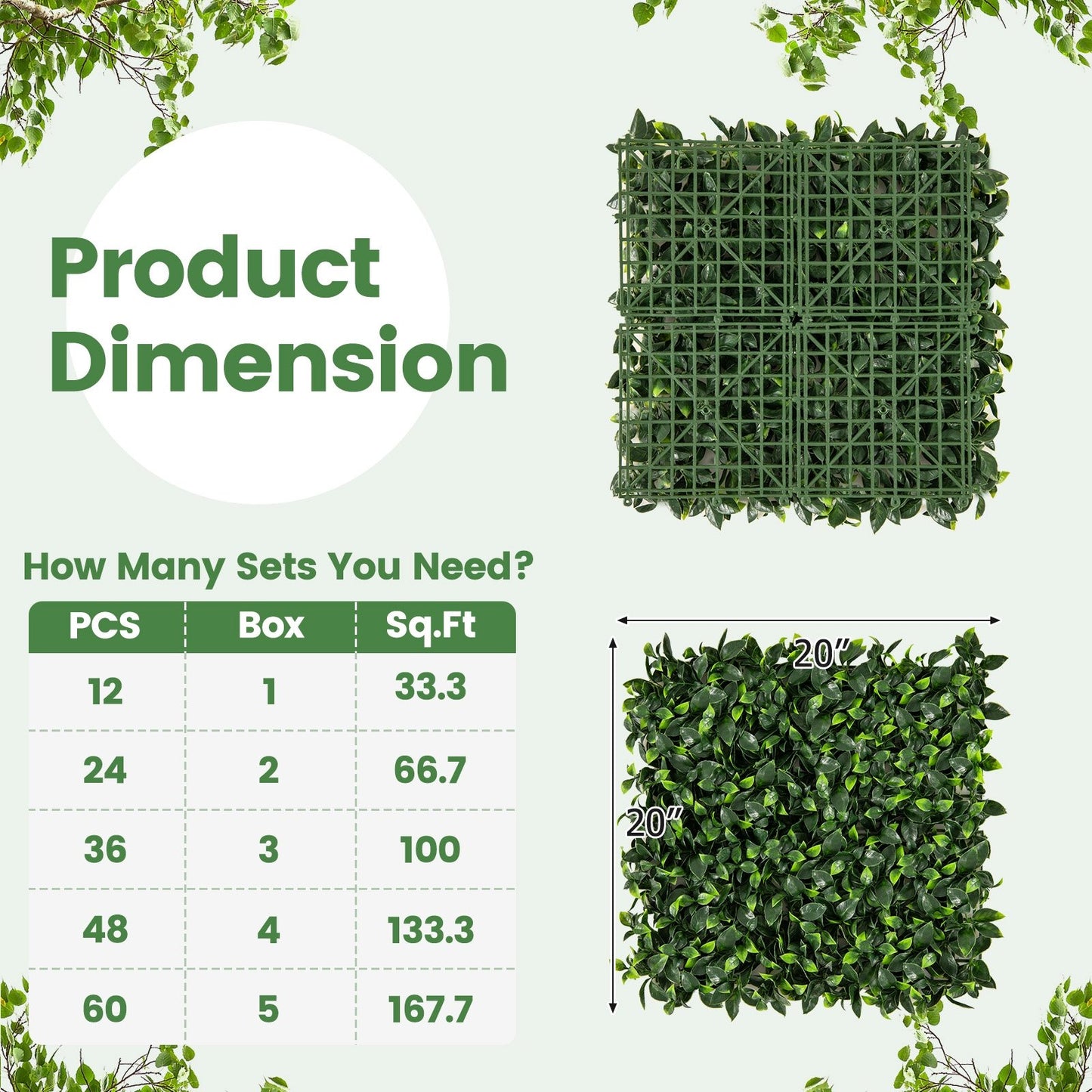 12 Pack 20" x 20" Artificial Gardenia Grass Panels - Lush Greenery for Any Space