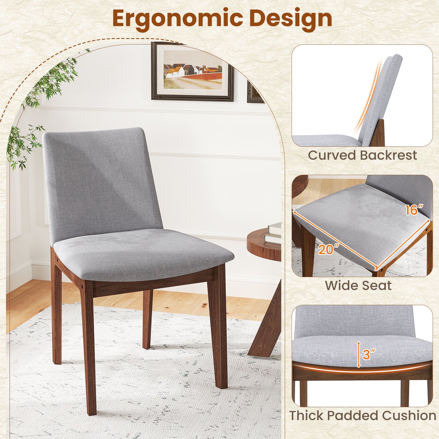 Upholstered Dining Chairs with High Curved Back and Solid Wood Frame, Set of 2