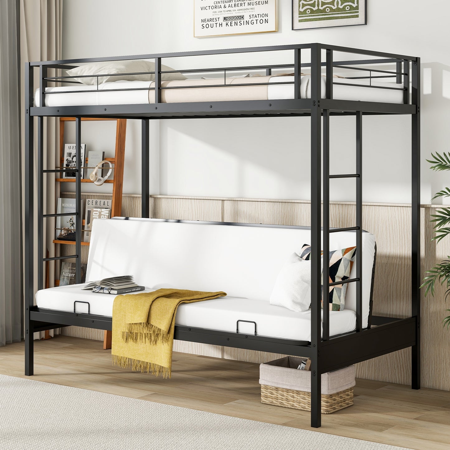 Convertible Twin Over Futon Bunk Bed with Dual Ladders, Safety Guardrails, and Adjustable Sofa