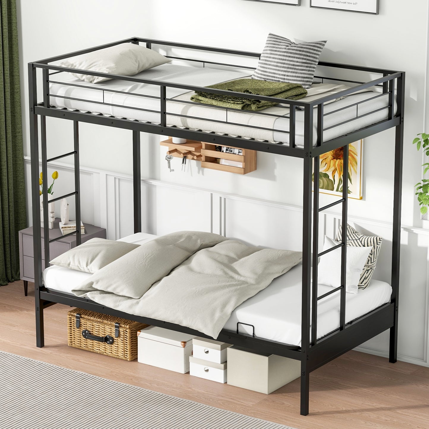 Convertible Twin Over Futon Bunk Bed with Dual Ladders, Safety Guardrails, and Adjustable Sofa