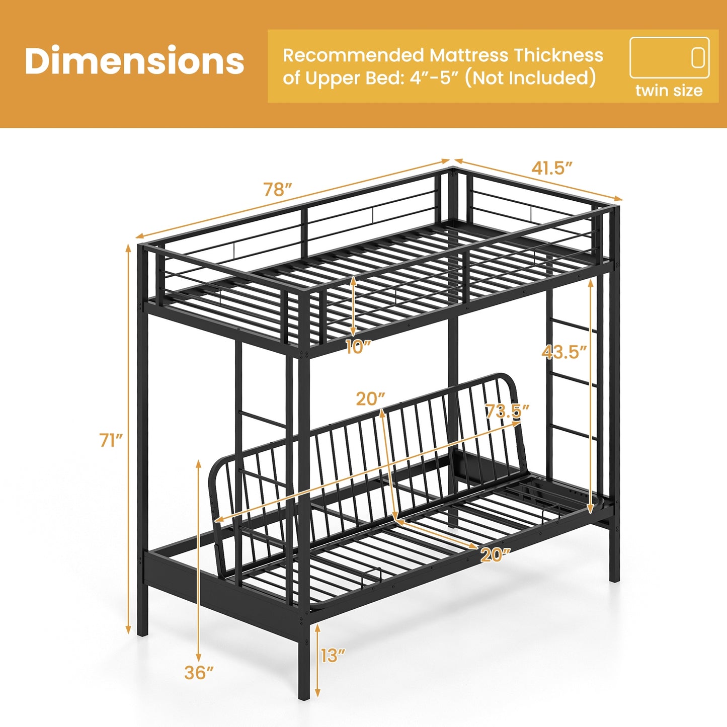 Convertible Twin Over Futon Bunk Bed with Dual Ladders, Safety Guardrails, and Adjustable Sofa