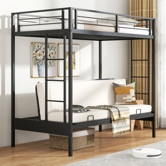 Convertible Twin Over Futon Bunk Bed with Dual Ladders, Safety Guardrails, and Adjustable Sofa