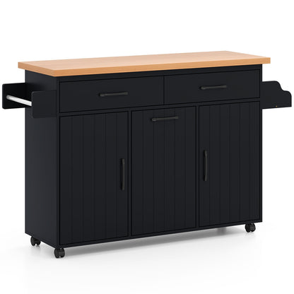 Rolling Kitchen Island Cart with Trash Cabinet Storage Drawers Adjustable Shelves and Spice Rack - Black