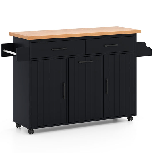 Rolling Kitchen Island Cart with Trash Cabinet Storage Drawers Adjustable Shelves and Spice Rack - Black