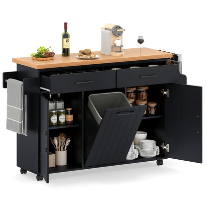 Rolling Kitchen Island Cart with Trash Cabinet Storage Drawers Adjustable Shelves and Spice Rack - Black