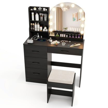 Makeup Vanity Table Set with LED Sliding Mirror, Charging Station and Cushioned Stool – Black