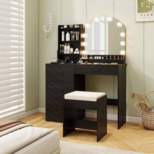 Makeup Vanity Table Set with LED Sliding Mirror, Charging Station and Cushioned Stool – Black