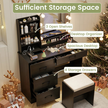 Makeup Vanity Table Set with LED Sliding Mirror, Charging Station and Cushioned Stool – Black