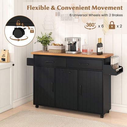 Rolling Kitchen Island Cart with Trash Cabinet Storage Drawers Adjustable Shelves and Spice Rack - Black