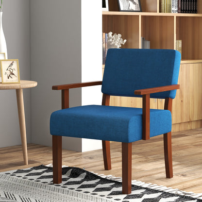Mid-Century Linen Upholstered Accent Chair with Cushion and Solid Wood Frame in Blue