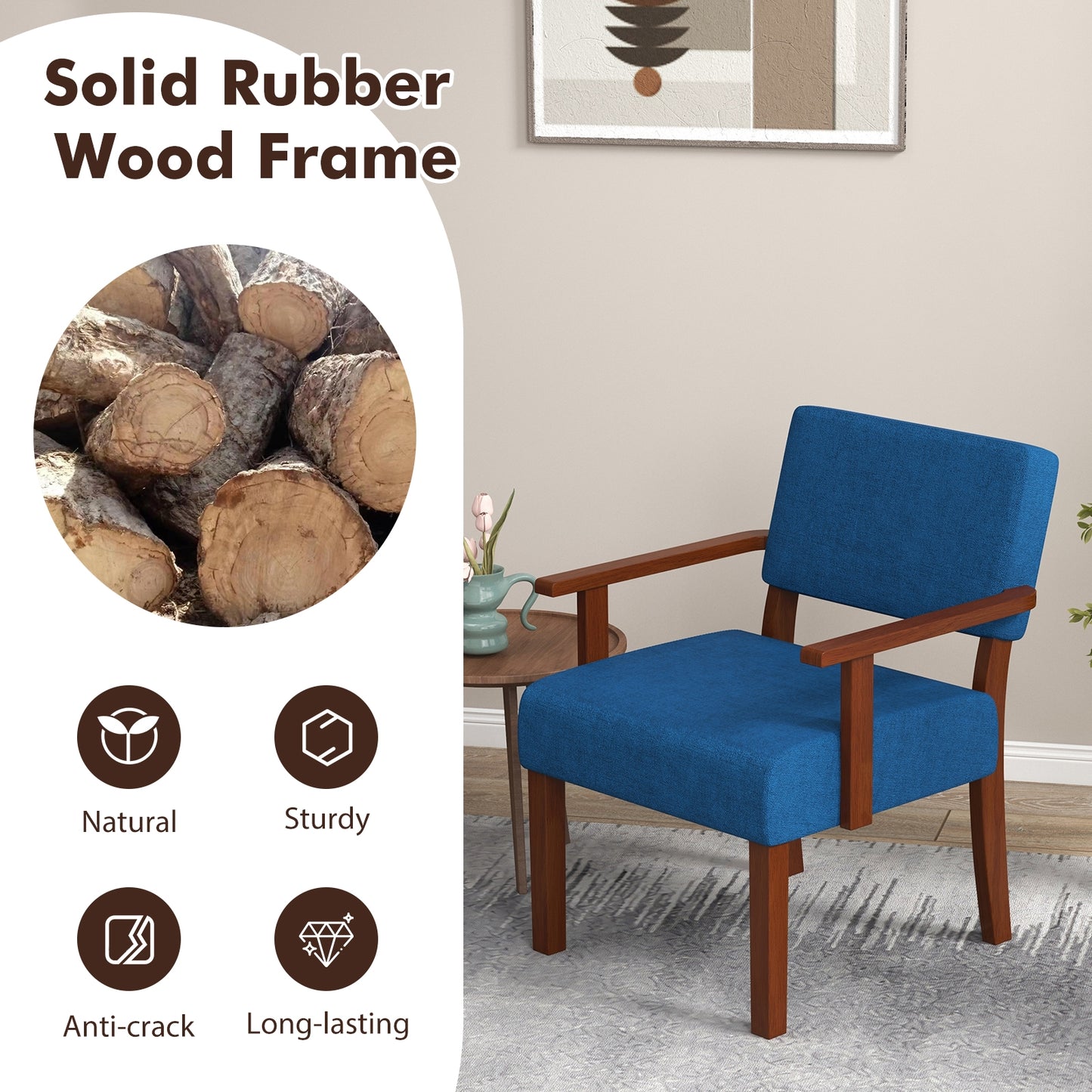Mid-Century Linen Upholstered Accent Chair with Cushion and Solid Wood Frame in Blue