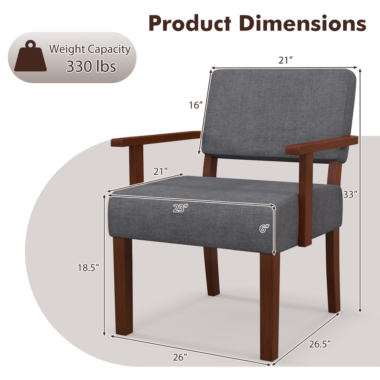 Mid-Century Linen Upholstered Accent Chair with Cushion and Solid Wood Frame in Grey