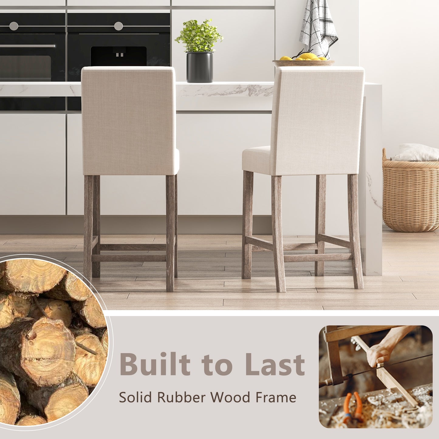 2-Piece Counter Height Bar Stool Set with Back Support and Footrest - Beige