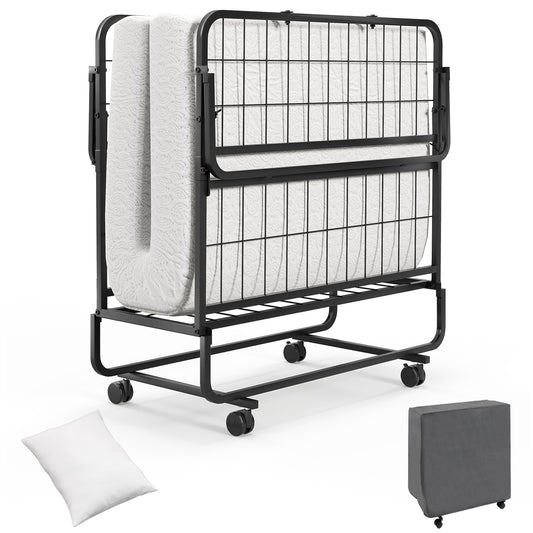 Heavy Duty Rollaway Folding Bed with Memory Foam Mattress, Pillow and Sturdy Frame - Twin Size