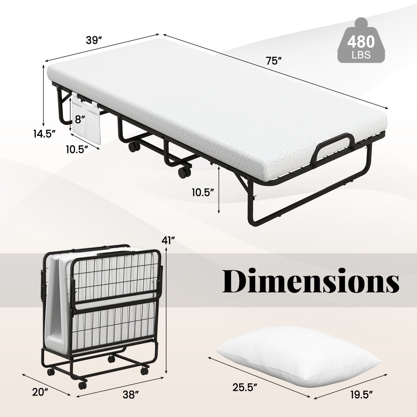 Heavy Duty Rollaway Folding Bed with Memory Foam Mattress, Pillow and Sturdy Frame - Twin Size