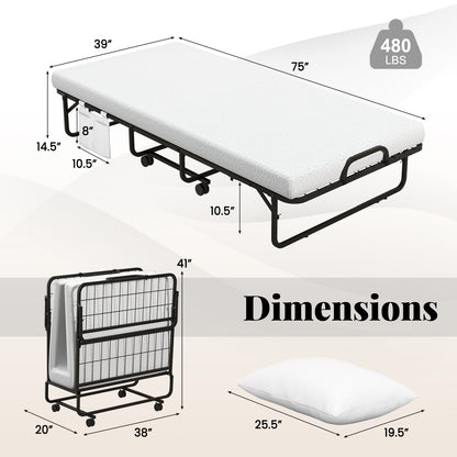 Heavy Duty Rollaway Folding Bed with Memory Foam Mattress, Pillow and Sturdy Frame - Twin Size